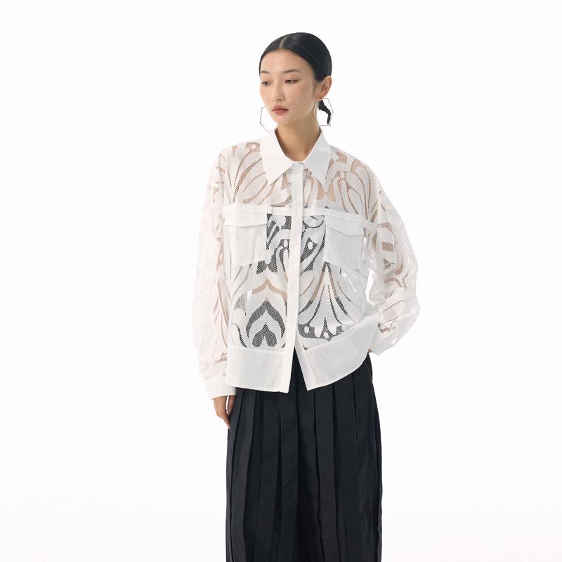 2025 Retro Jacquard Lace Lightweight Luxury Shirt - Spring/Autumn Loose, Versatile See-Through Top