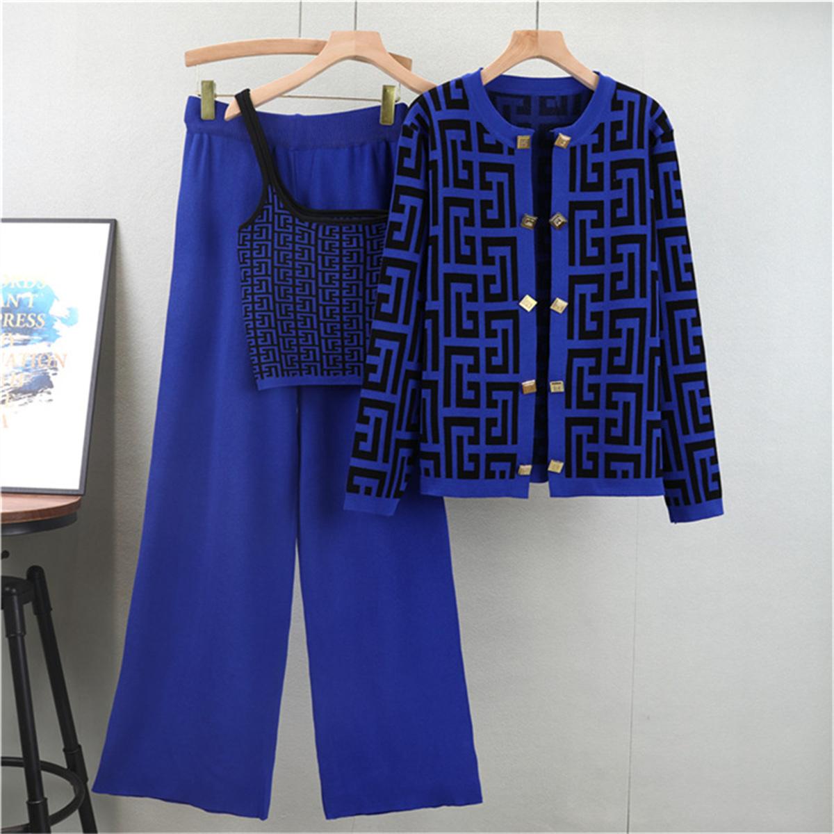 

Осенний новый модный костюм, вязаный кардиган на бретелях, свободные брюки с широкими штанинами, модный комплект из 3 предметов для женщин OneSize синий