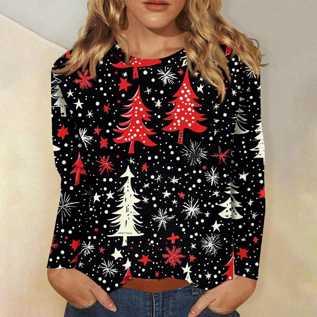 3D Christmas Snowflake Gradient Print Round Neck Long Sleeve T-shirt Casual Long Sleeve Top Party Loose Women's Top