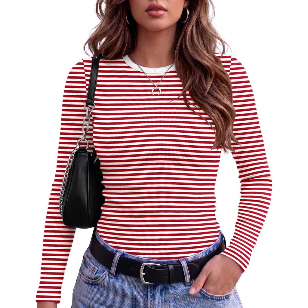 Dames Slim Fit Lange Mouwen Gestreept Nek T-shirt