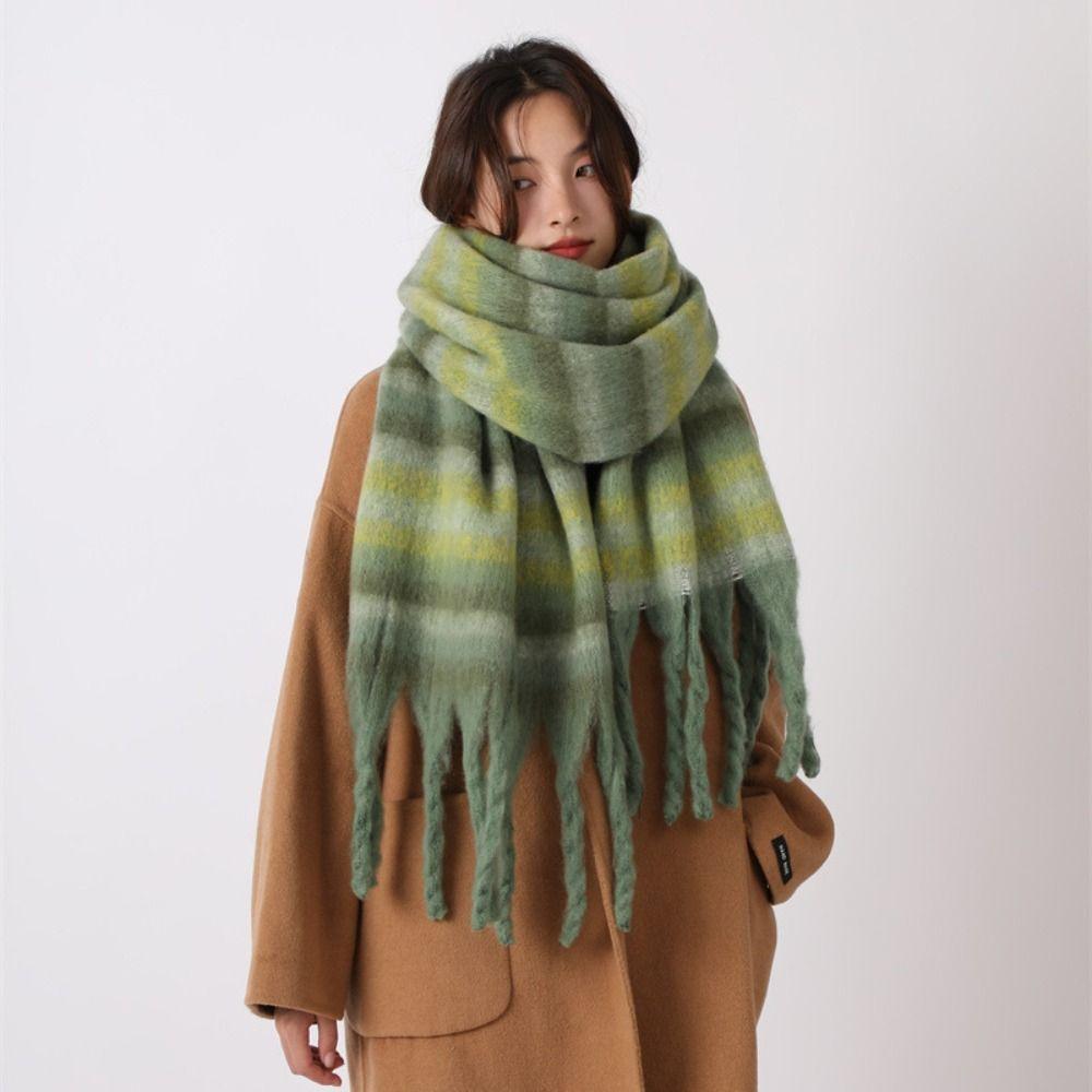 Tassel Plaid Wool Scarf Plush Long Shawl Retro Winter Cashmere Scarves  Autumn Winter