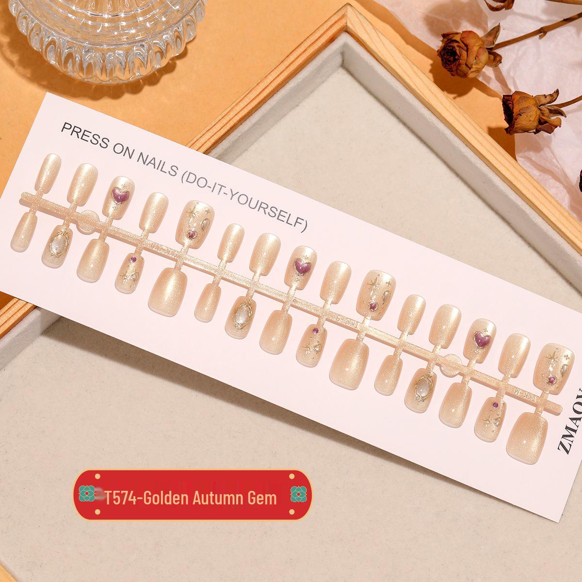 

Golden Autumn Gem Cat Eye Press-On Nails, Baroque Retro Style, 30 Ultra Short Pieces Full Set M/M/M