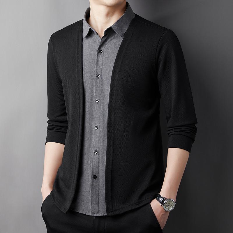 Spring Men's Two-in-One Shirt Sweater Cardigan Knitted Pullover