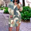 Women Plus Size V Neck Long Sleeve Fitted Printed Straight Midi Dress