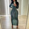 Women Spring Fall Party Dress Slim Fit Striped Print Maxi Dress Skinny Sheath Long Sleeve Elastic Round Neck Soft Thin Ankle Length Lady Dress