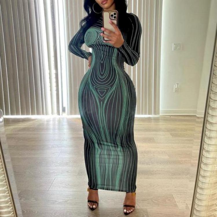 Women Spring Fall Party Dress Slim Fit Striped Print Maxi Dress Skinny Sheath Long Sleeve Elastic Round Neck Soft Thin Ankle Length Lady Dress