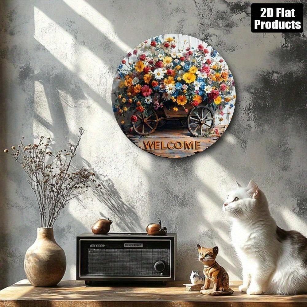 Vintage Garden Wheelbarrow Welcome Sign Rustic Round Aluminum Wall Decor 8 Inch Colorful Floral Home Kitchen Decor