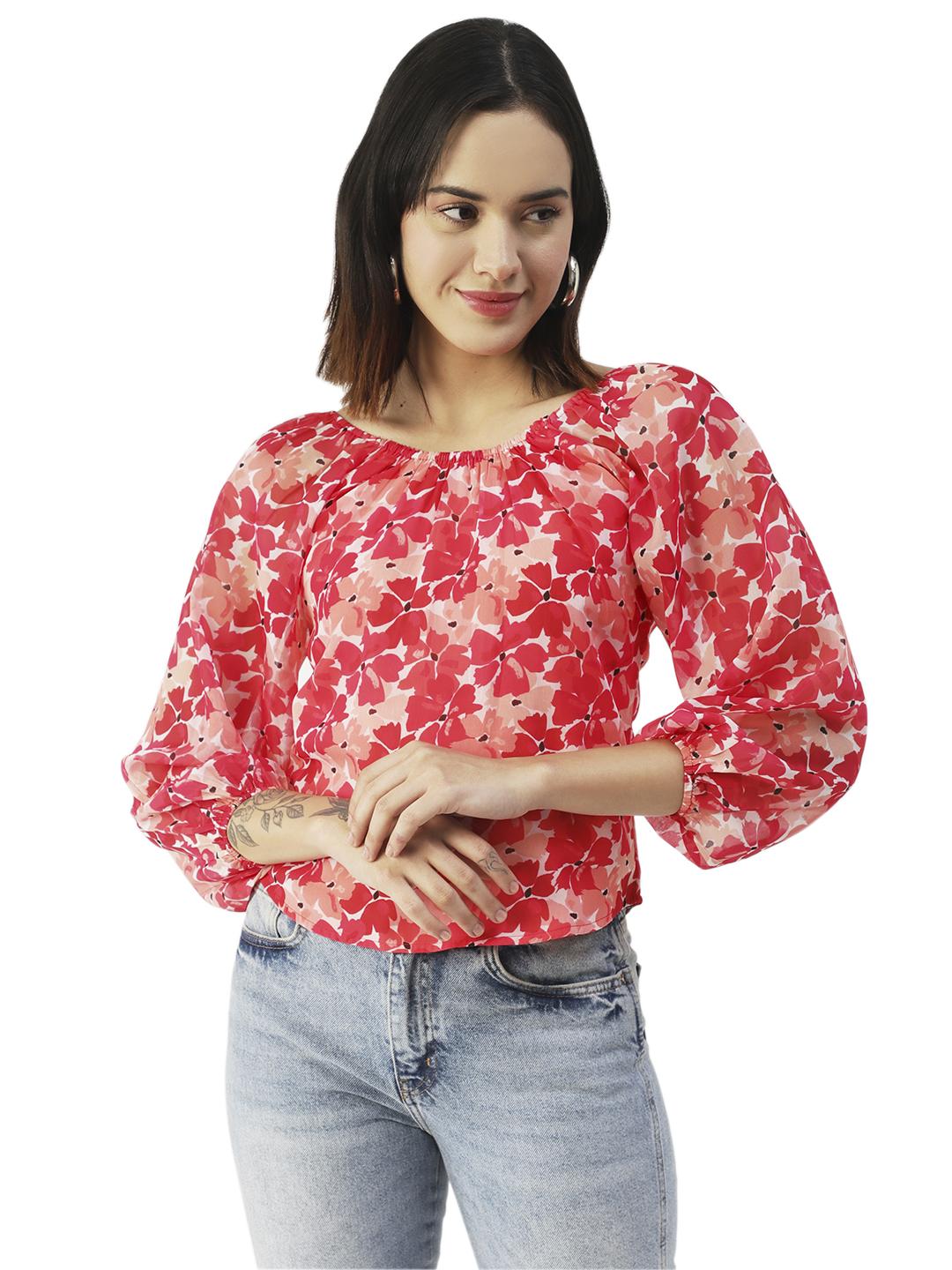 

Moomaya Printed Top Round Neck Sheer Long Sleeve Tops For Women XS рожевий