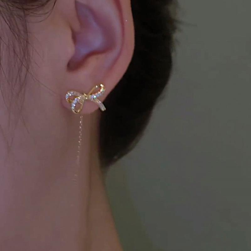 Elegent Bow-Knot Long Tassel Ear Line Dangle Earrings For Women Korean Sweet Temperament Pearl Drop Earrings Jewelry