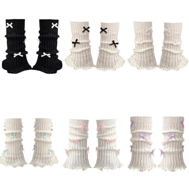 Women Girls Ballet Style Bowknot Leg Warmers Sweet Ribbed Knitted Ruffled Trim Socks Foot Cover Boot Cuffs Accessories
