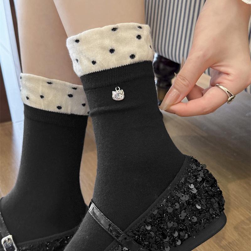 Contrasting Color Luo Kou Small Polka Dot Socks Lace Medium Tube Socks Cartoon Kt Cat Pendant Stacking Socks Jewelry Socks