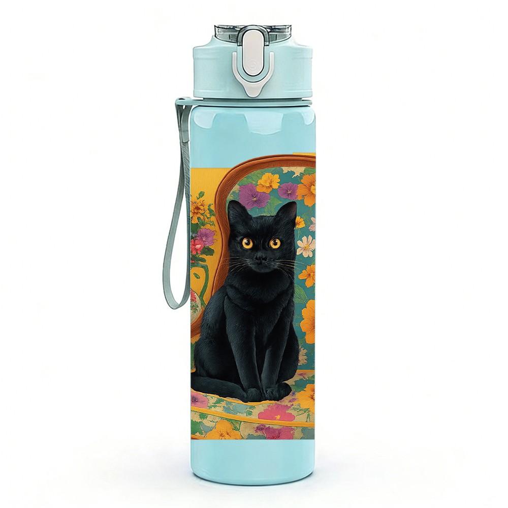 1PC Black Cat Colorful Floral Frame 750ml Color Plastic Sports Water Bottle Leakproof Flip Straw Lid Suitable for Sports Office Home Use
