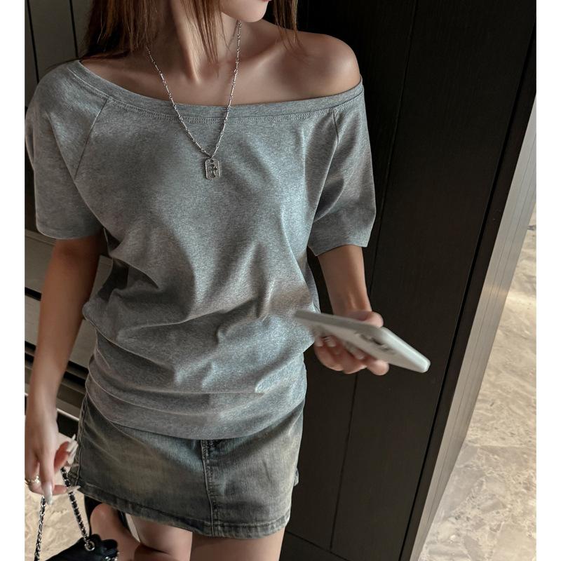 Loose One-word Shoulder Short-sleeved T-shirt Women's Solid Color Lazy Style Versatile Casual Design Niche Bottoming Shirt
