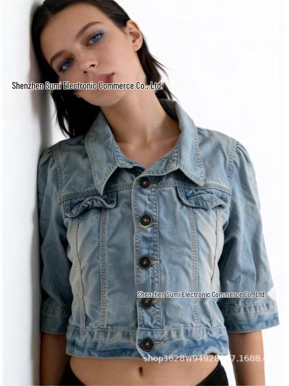 Ретро Милая Крутая Светло-Голубая Стиранная Джинсовая Куртка с Коротким Рукавом Medium светло-синий