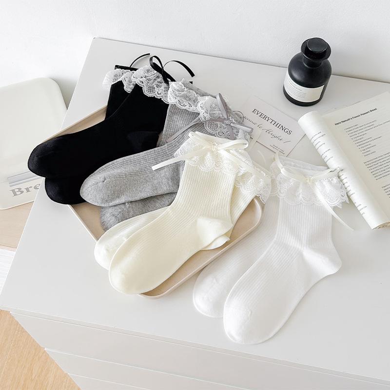 Chaussettes style ballerine pour filles, Douce frange en dentelle, Chaussettes mi-mollet à nœud pour filles, Couleur unie, Polyvalentes, Chaussettes longues sans couture