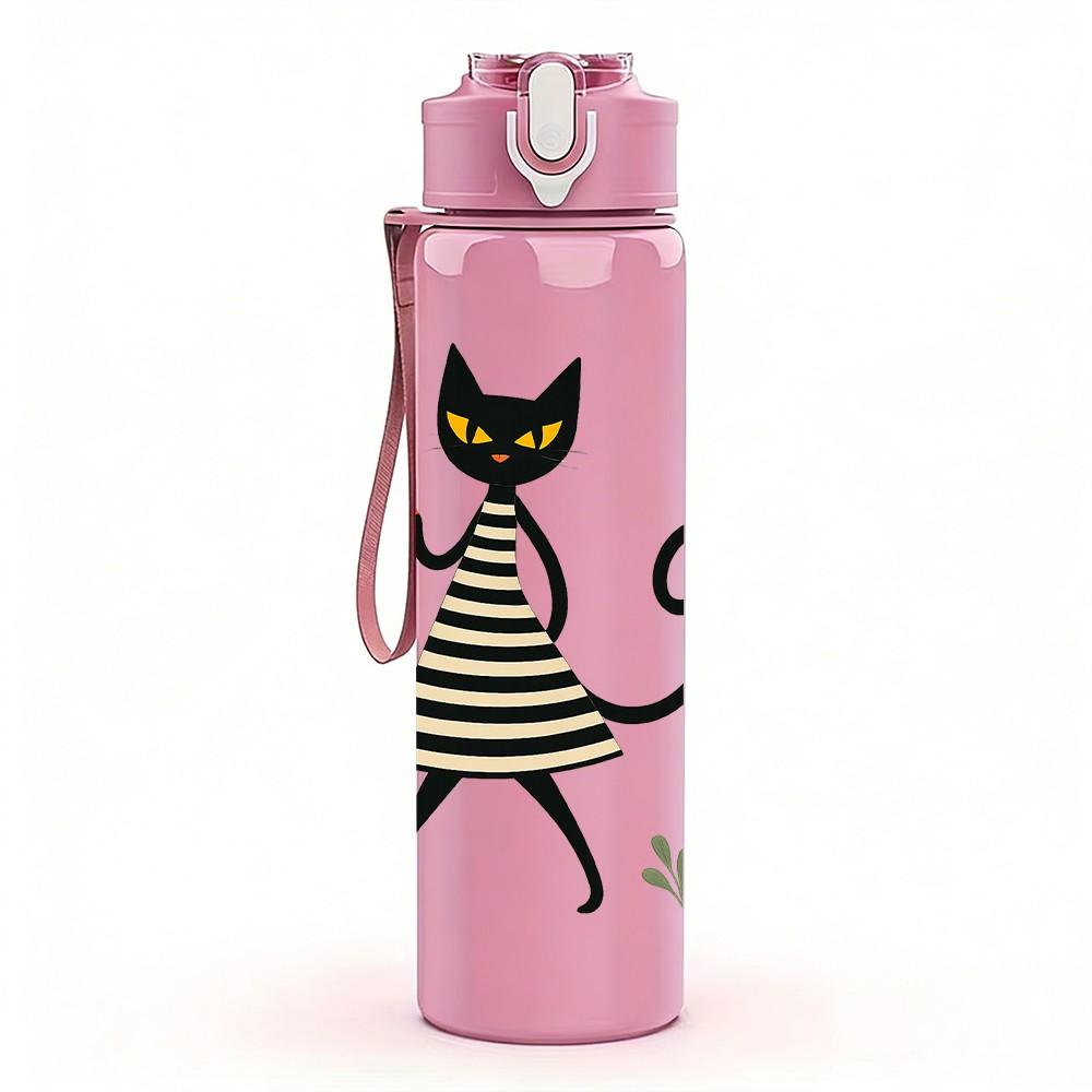 1PC Striped Black Cat Walking Figure 750ml Color Plastic Sports Water Bottle Leakproof Flip Straw Lid For Sports Office Home Use