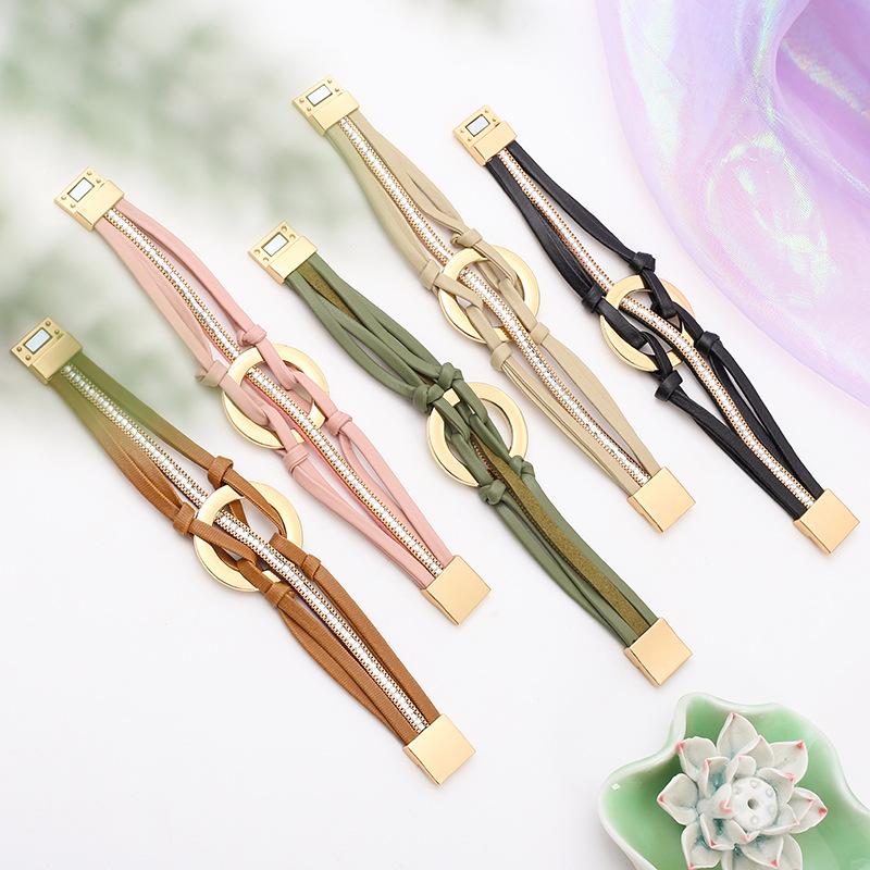 Leather Bracelet for Women Round Hollow Circles Wrap Bangle Female Jewelry Gifts