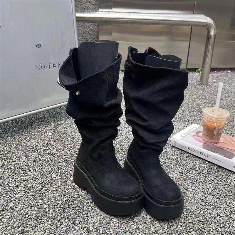 Fashion Women's Fashion Thick Heels Knee High Boots Khaki Flock Slip On Western Boots Woman Spring Autumn Soft Leather Short Botas Mujer