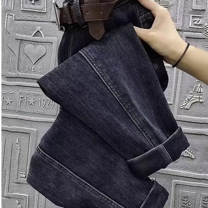 Straight Jeans Women's Winter High Waist Loose and Thin Elastic Nine-point Harlan Radish Pants