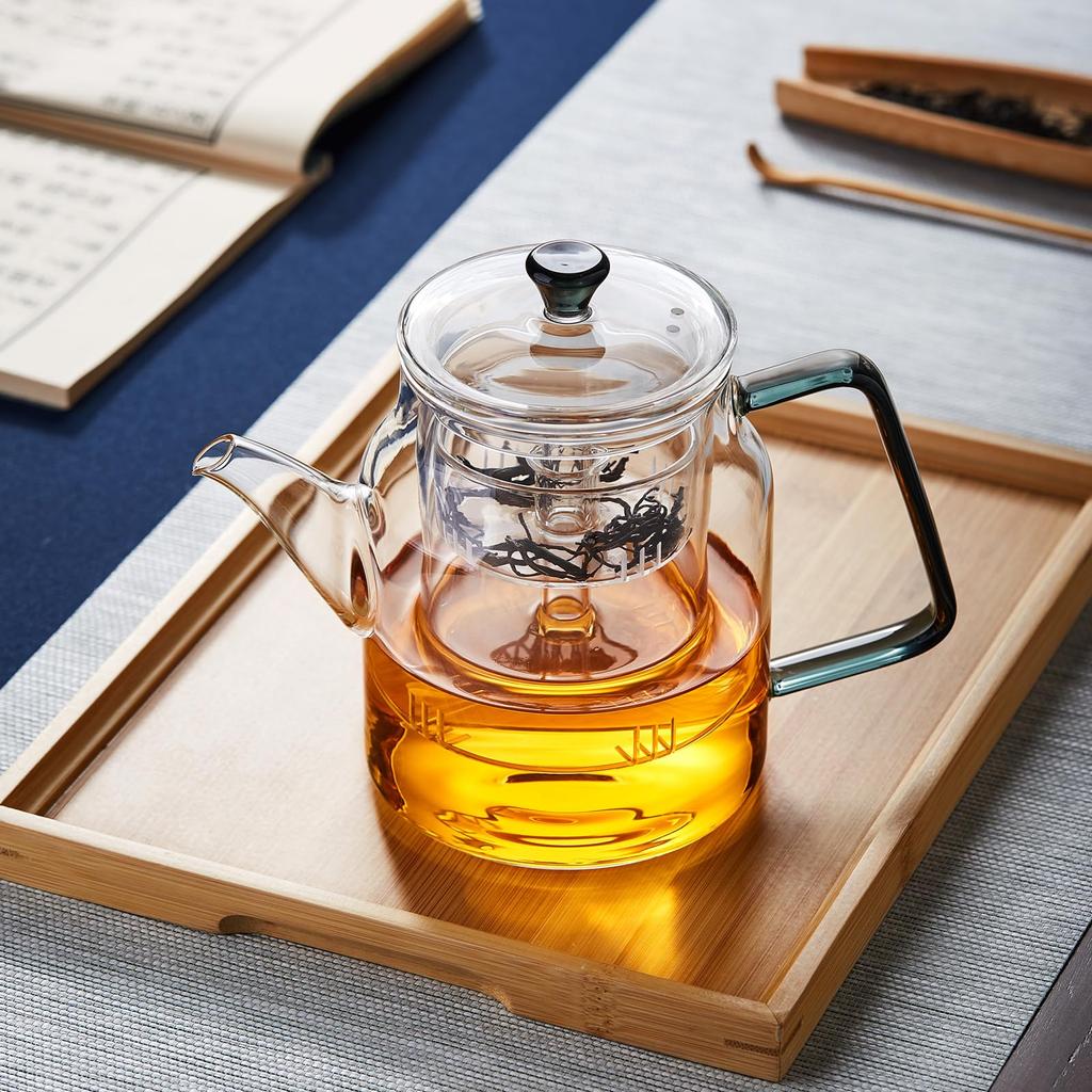 Pokaro Tea Teapot, Heat-Resistant Glass, 740ml Full Capacity, Stovetop-Safe, Glass Tea Strainer, Handled Lid, Microwave-Safe, Boiling Water-Safe,