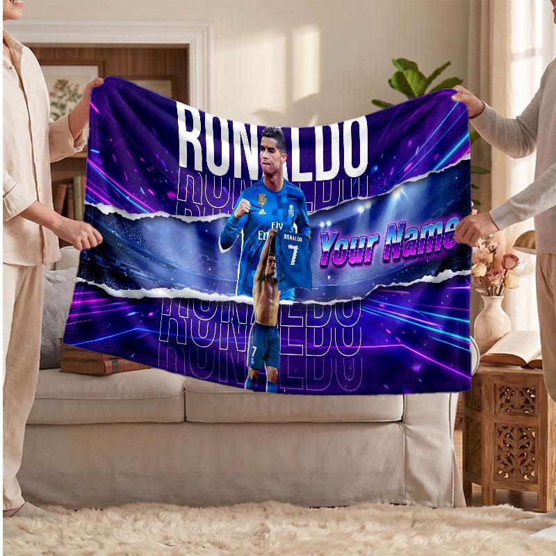 Coperta Personalizzata in Pile Cristiano Ronaldo con Logo Calcio, Testo Nome Personalizzato Morbida Calda Coperta da Divano per la Casa