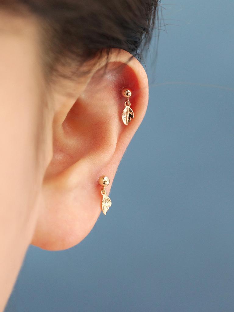 Minimalpiercing 14K Leaf Drop Ball Piercing Earrings