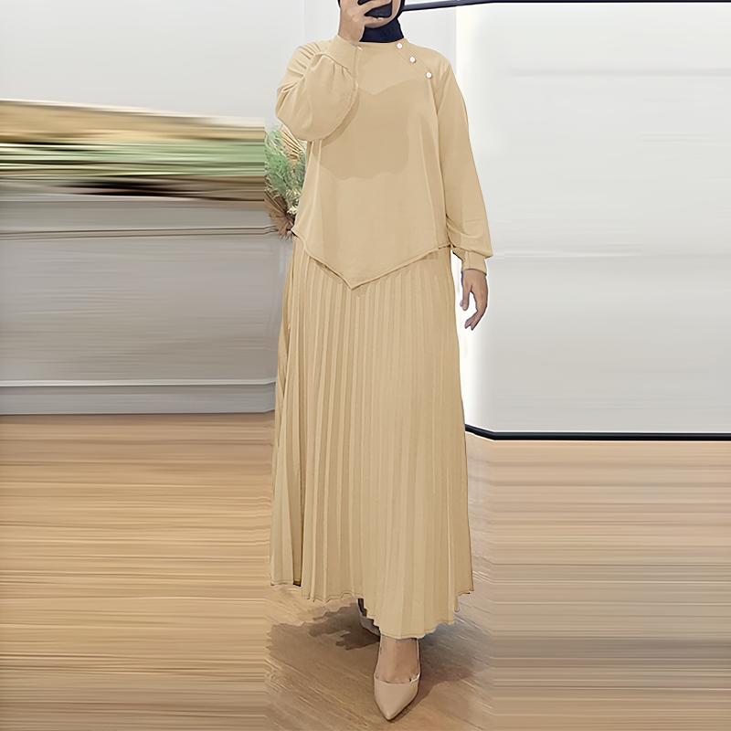 ZANZEA Women Long Sleeve Blouse and Long Pleated Skirts Casual Two Piece Suit Sets