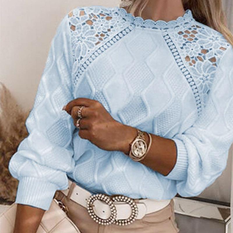 Round Neck Hollow Lace Knitted Sweater for Women with Commuting Temperament and Versatile Pullover Top