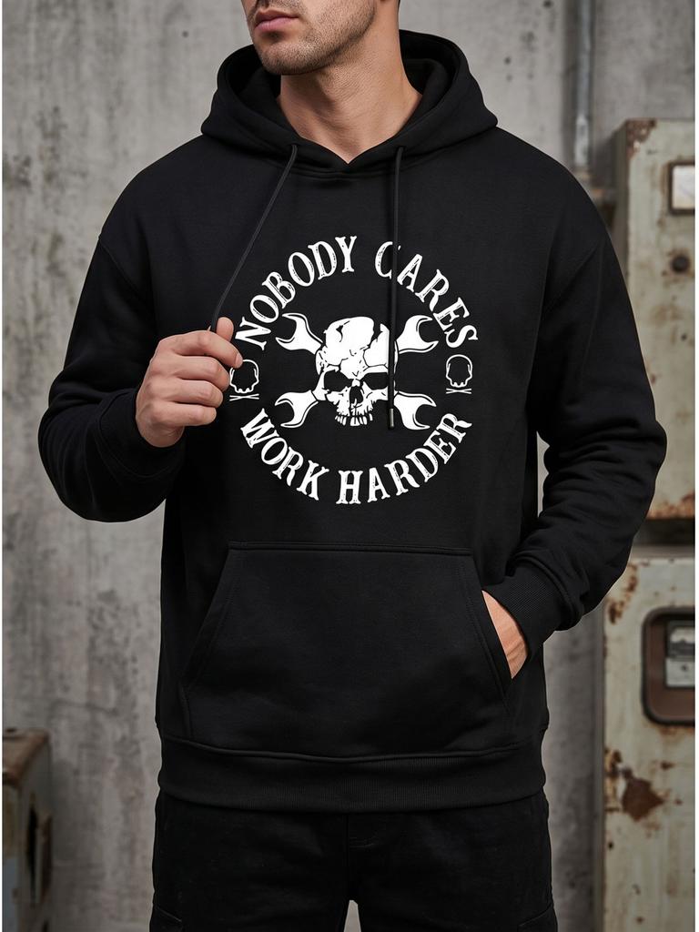 unisex Hoodie Nobody Cares Works Harder Skull Pattern Pullover, Suitable for Daily Outdoor Casual Activities, Hip-Hop Style Loose Fit Long Sleeve Hood