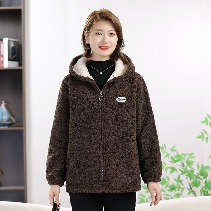 Autumn and Winter Granular Fleece Hooded Jacket Women's Loose Plus Fleece Thickened Western Style Age-reducing Lamb Fleece Top Warm Cotton Coat