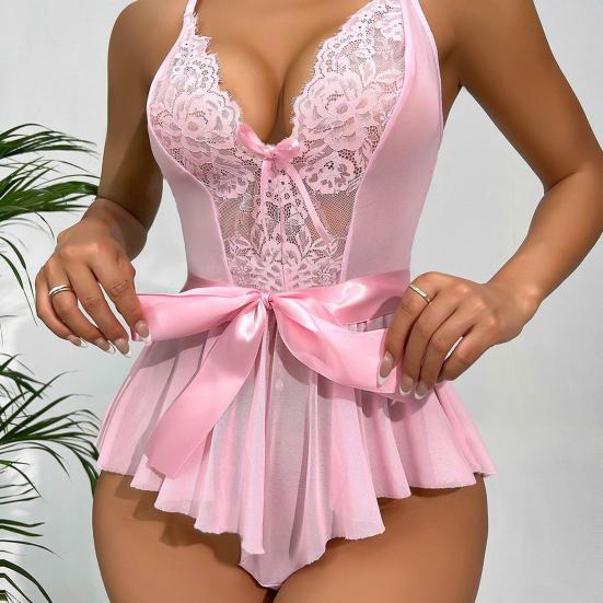 Women Bedroom Bodysuit V Neck See-through Lace Patchwork Bow Ruffle Playsuit Off Shoulder Backless Adjustable Spaghetti Strap Nightdress for