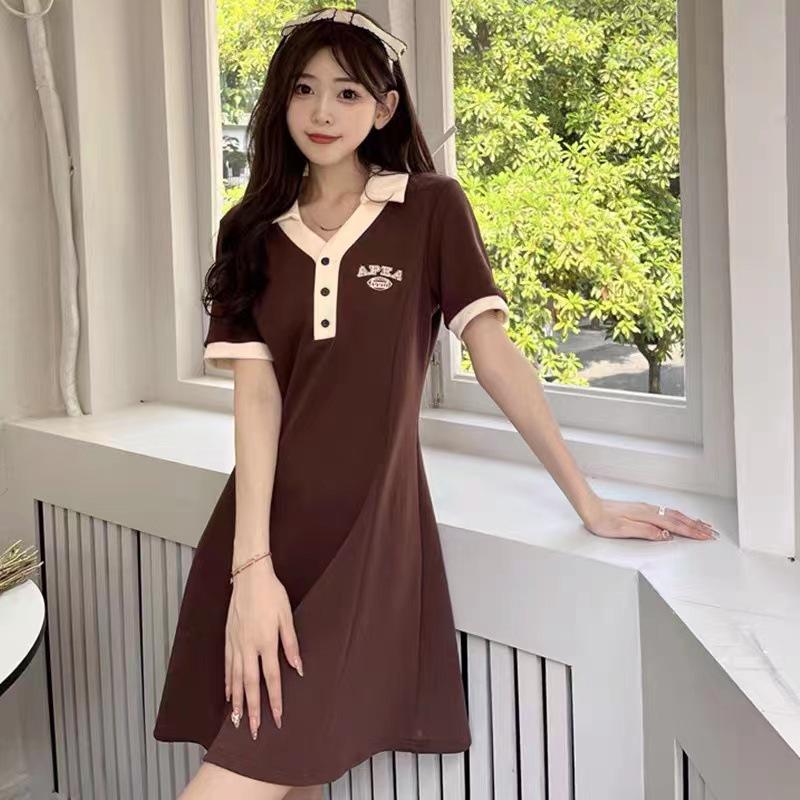 

Plus Size Women s Slimming A-Line Polo Collar Embroidered T-Shirt Dress - Short Sleeves L чорний