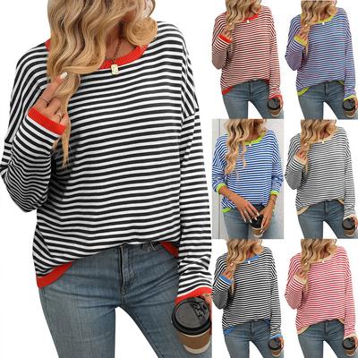 Nowy T-shirt w paski dla kobiet, blok kolorów, długi rękaw, okrągły dekolt, casualowy damski pulower, T-shirt, wiosenny top w stylu koreańskim