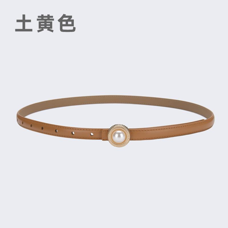 Cowhide Leather Pearl Thin Belt Women'S Summer Style Suit Belt Black Jeans Belt