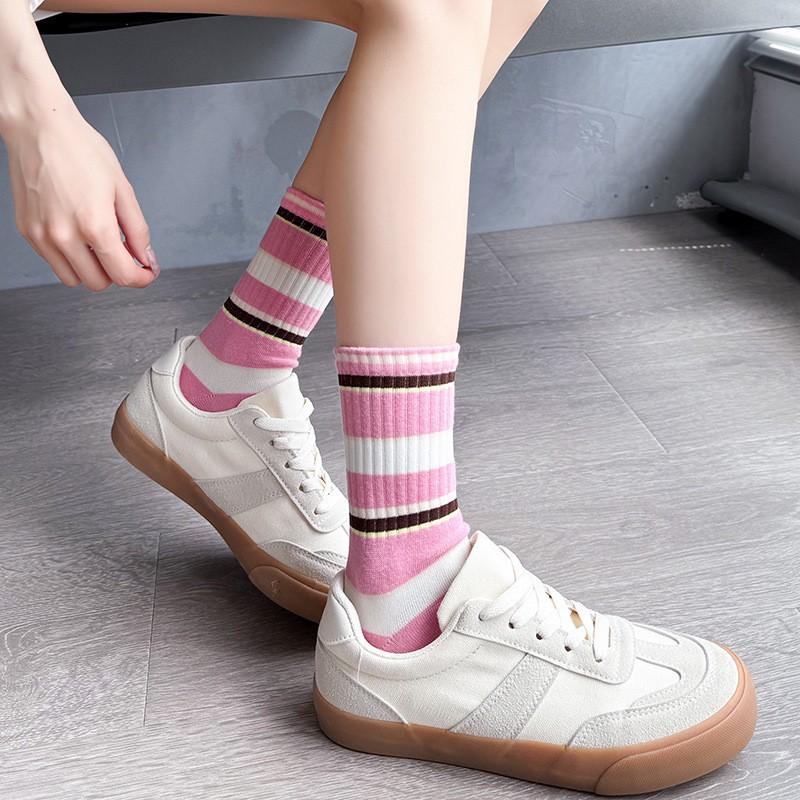 Socks Pure Cotton Striped Medium Tube Socks College Style Spring And Autumn Thin Sports Sweat-Absorbing Deodorant Stacking Socks Women