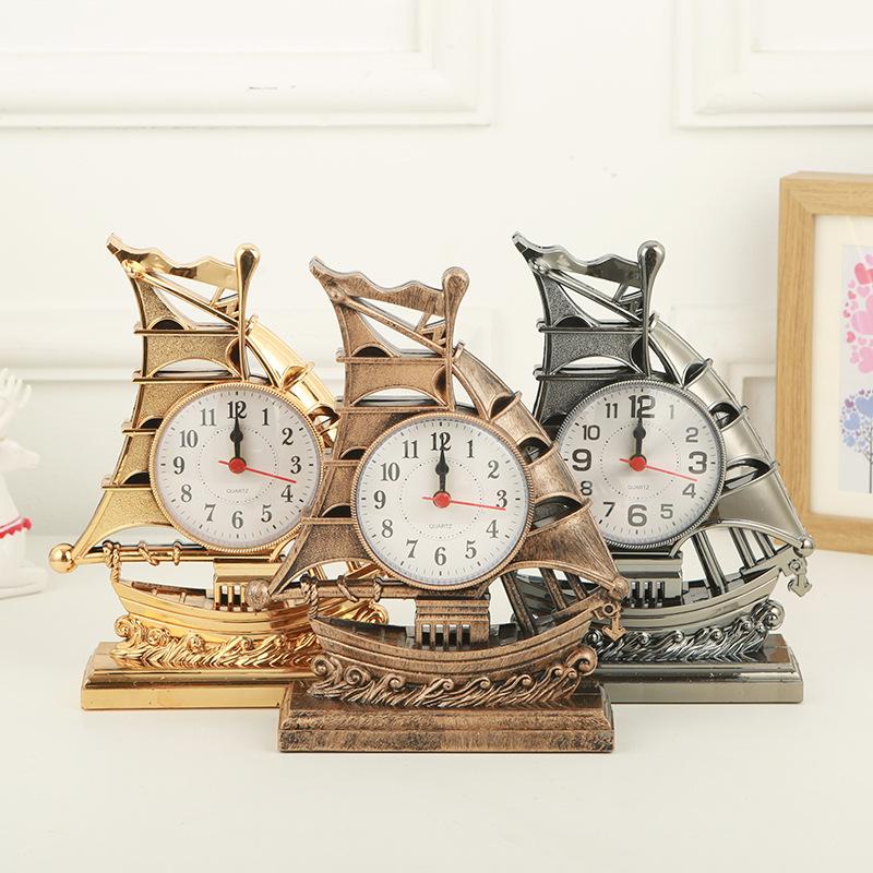 Table Alarm Clock Ornament Sailing Statue Sailboat Shape Bedside Clocks for Office Bedroom Living Room