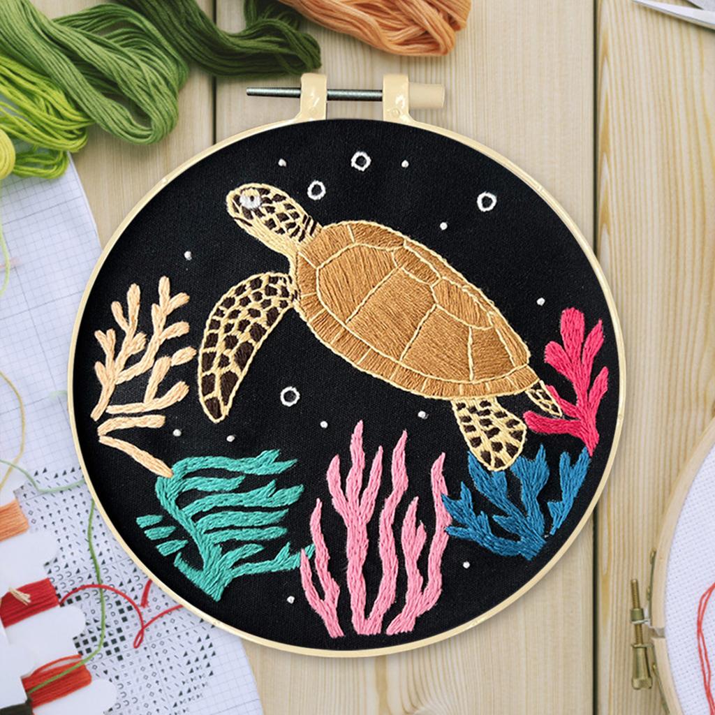 Marine Animal DIY Stamped Embroidery Stitches Practice Kit with Embroidery Hoop Cross Stitch Kit 30x30cm for Beginners Adults