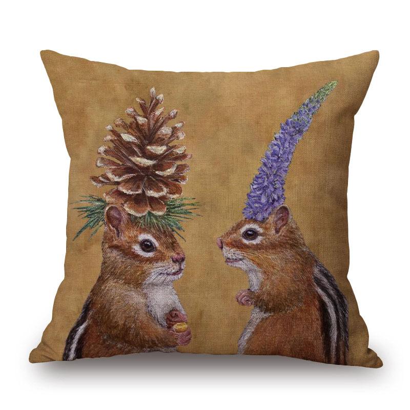 Decorative Cushion Covers Squirrel Bird Bear Fox Animals Pillow Case Modern Decor Flower Pillowcase For Sofa 45X45Cm