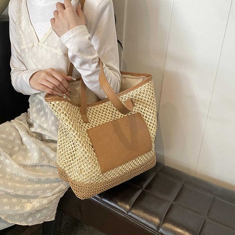 Women Crochet Beach Handbag PU Patchwork Weaving Travel Bag Contrast Color Simple Shoulder Bag Ladies Summer Daily Bag