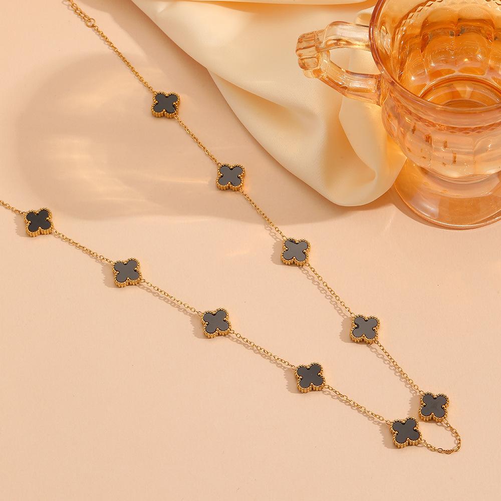 Four leaf clover stainless steel small flower double-sided shell pendant necklace