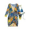 Women's Split Three Piece Set Printed Net Red Tie Dyed Lace Up Drawstring Swimsuit Bikini Sets