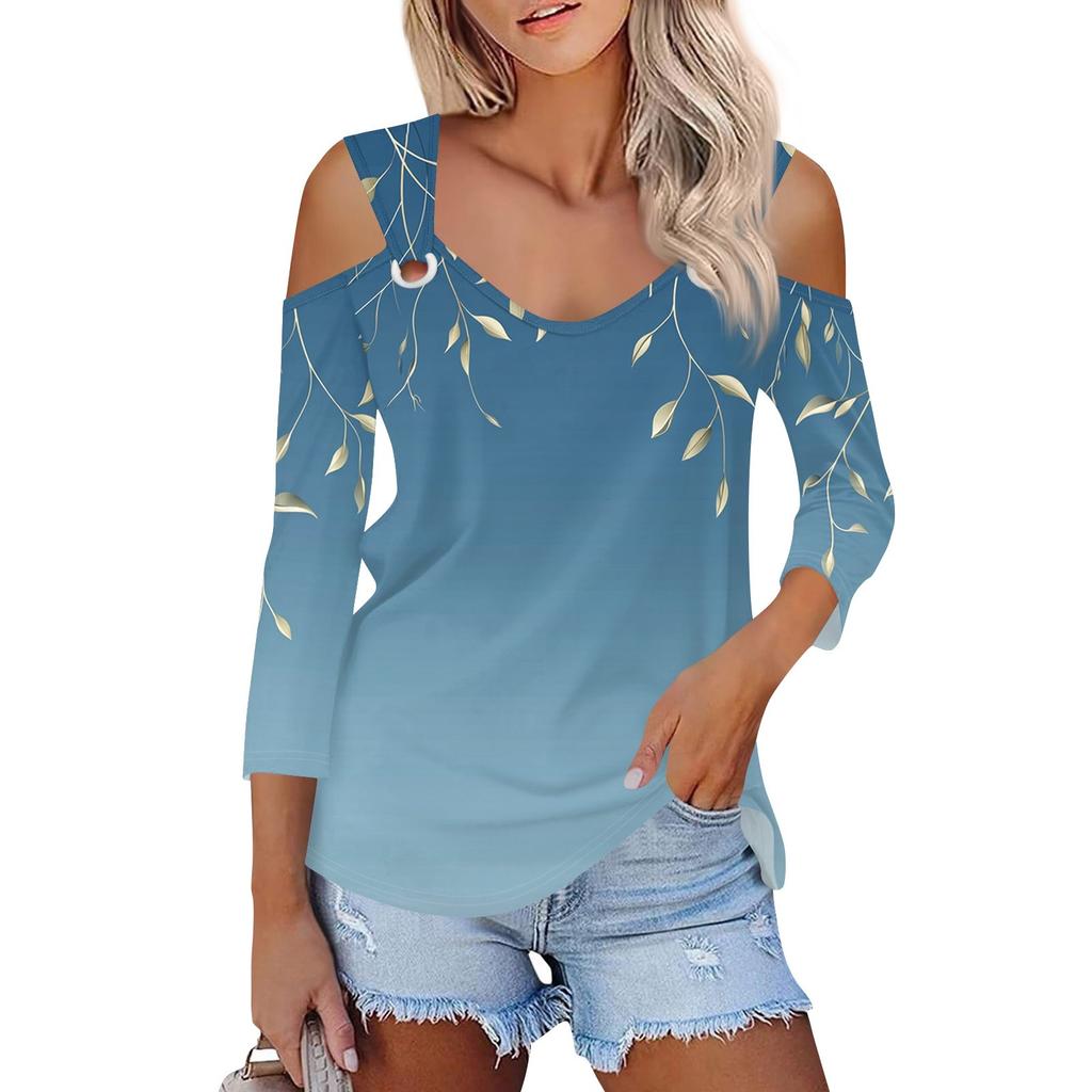 Women's Casual Shirt Blouse Print V-neck Sexy Cold Shoulder 3/4 Sleeve Top