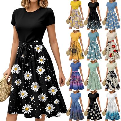 Damenmode Lässiger Gürtel Kurzarm Rundhals Geometrischer Druck Spleißen Elegantes Temperament Kleider