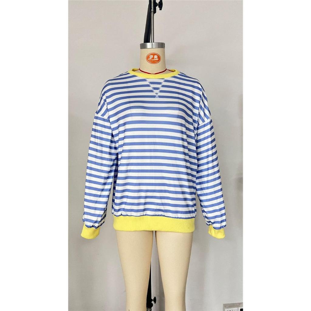 Women's Simple Home Casual Striped Pattern Round Neck Trendy Long-sleeved Pullover Color Block T-shirt