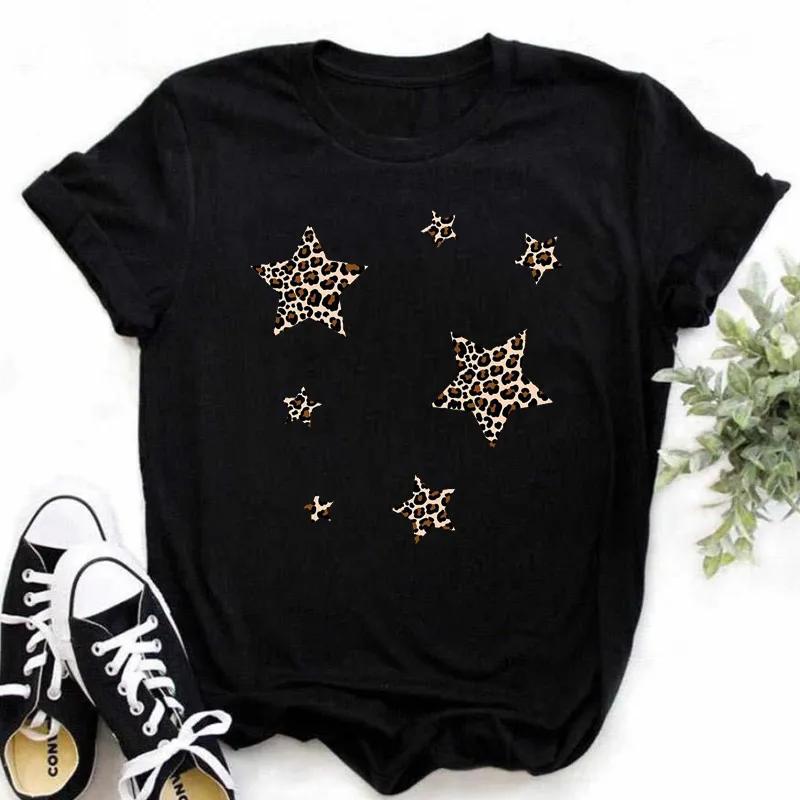 Leopard Love Heart Print Women Fashion T Shirt Black Female Short Sleeve Graphic Tops Women Sleeved Harajuk Streetwear Casual