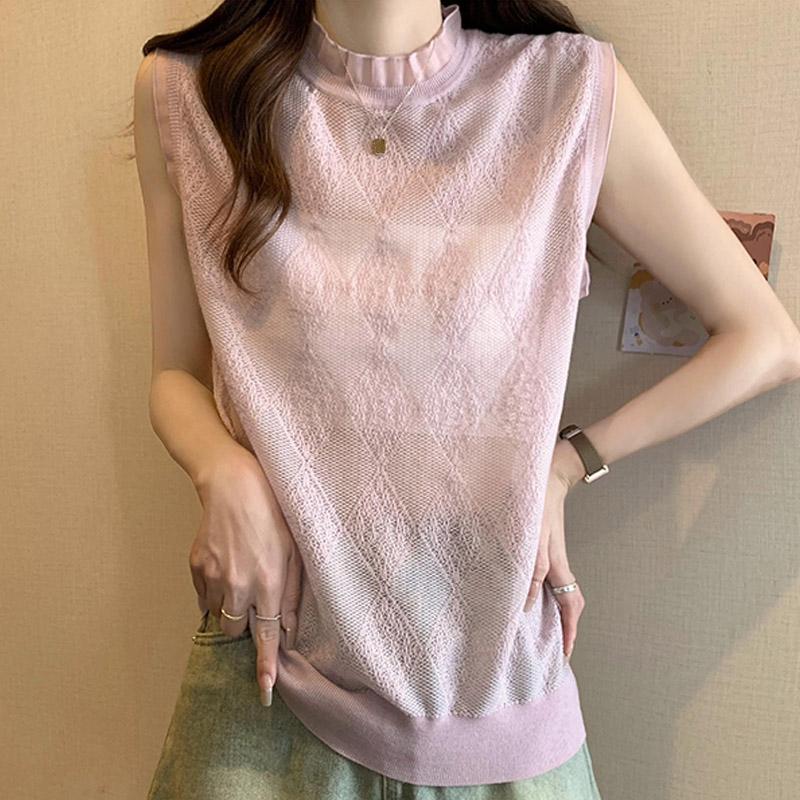 

Черные майки женские 2025 лето без рукавов с круглым вырезом белые вязаные майки-топы женские топы JJ264 One Size розовый