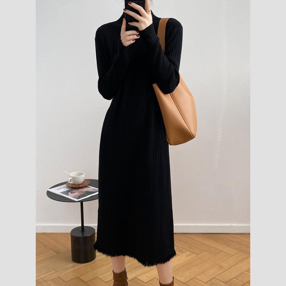 Mid-length Pullover Sweater for Women's Autumn and Winter Half Turtleneck Knee-length Knitted Dress Solid Color Casual Sweater Dress