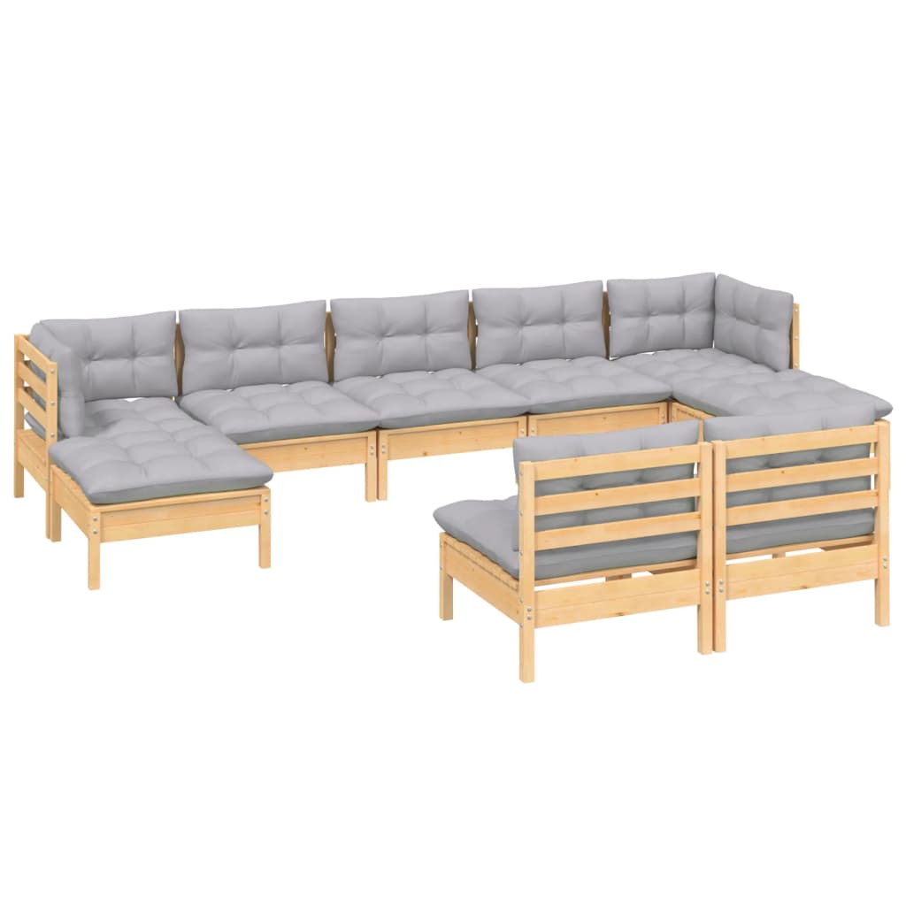 Vidaxl 9-Cz. Garden Lounge Set, Grey Cushions, Pine