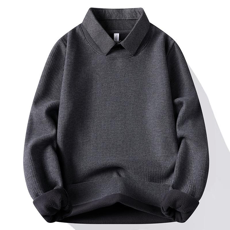 Mens Fleece Lined Waffle Knit Fake Two Piece Shirt Collar Pullover Sweatshirt