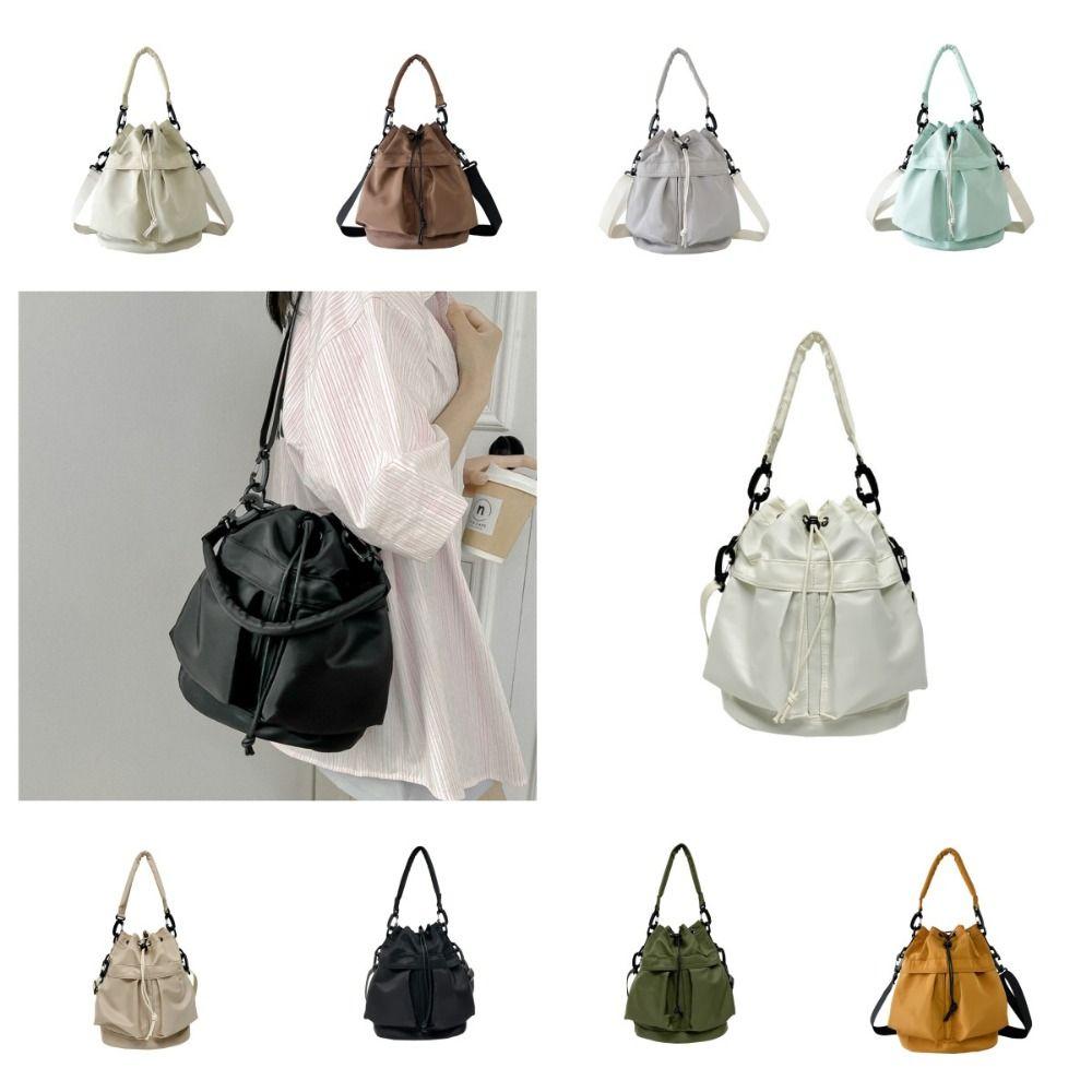 Korean Style Drawstring Fitness Bag Solid Color Bucket Bag Swimming Nylon Crossbody Bag Women
